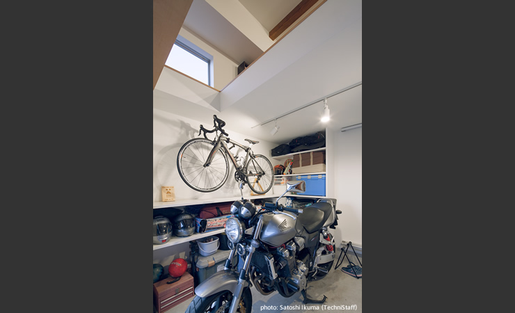 父のバイクガレージとロフトスペース。 住宅設計 サンカクスケール